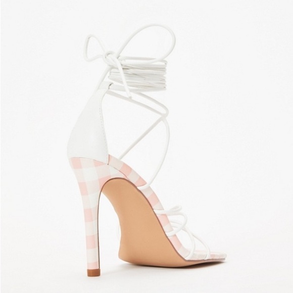 NEW Just Fab Scarlett Gladiator Heeled Lace Up Square Toe White & Gingham Sandal - Picture 5 of 11